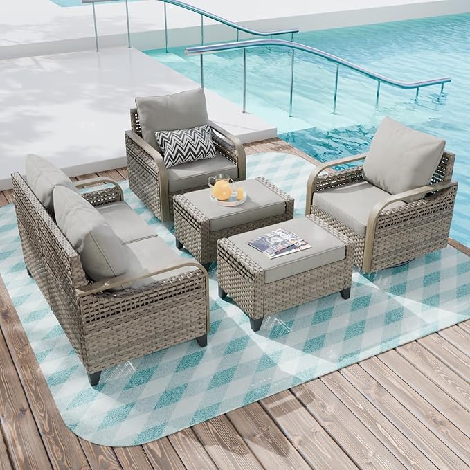 COOS BAY Modern Wicker Outdoor Furniture Set, Patio Conversation Set with Swivel Rockers, 2 Seat Loveseat, and Ottomans, 5 Piece, Brown/Gray