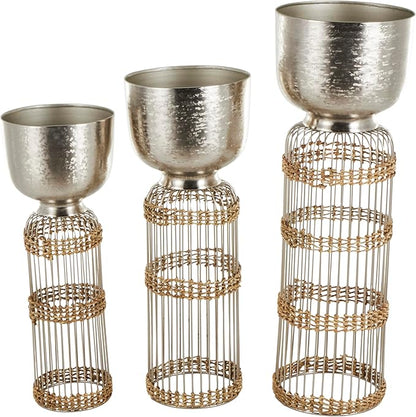 Deco 79 Metal Indoor Planter Textured Dome Large Planter Pot with Woven Seagrass and Caged Rod Pedestal Base, Set of 3 Planters 32", 27", 24" H, Silver