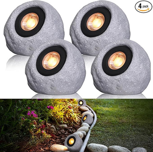 LEONLITE 5CCT LED Rock Lights Outdoor, 5W Low Voltage Landscape Spot Light for Garden, Yard, Decorative Stone Light, 12-24V AC/DC, CRI90, 200lm, IP65 Waterproof, Round, Light Gray, Pack of 4