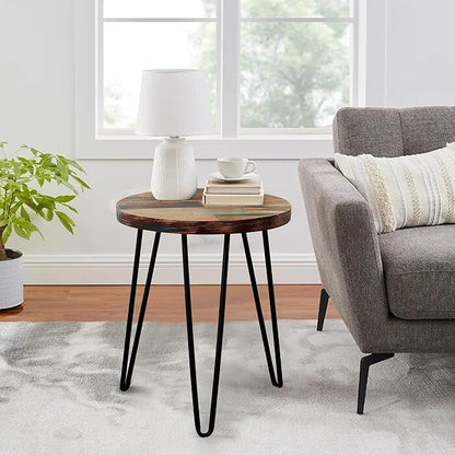 Reclaimed Wood Multi Color Side Table 17.5" x 17.5" x 20" H Wooden Accent Coffee Tables Round Vintage Rustic Plant Stand Outdoor Patio End Table Living Room Bedroom