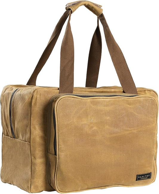 Tool Tote Bag - Large Capacity Tool Carrying Bag with 2 Zipper Pouches, Sustainable 16OZ Waxed Canvas Garden Tote for Gardening Set Hammer Fishing Gear Goggles - Khaki - 15.5"L x 7.5"W x 11.5"H
