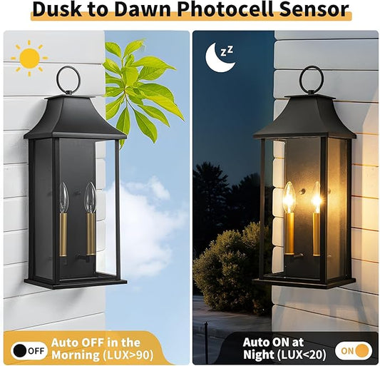 Dusk to Dawn Outdoor Wall Lantern 2-Light, 20.6" Large Outside Wall Sconce, Modern Black Wall Light Fixture with Glass, Waterproof Exterior Lamp for House, Porch, Garage