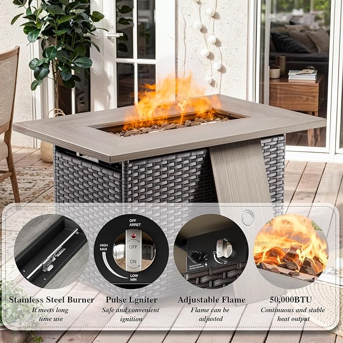Luxury High Back Outdoor Furniture 6-Inch Thick Cushions with 50,000 BTU Gas Propane Fire Pit Tablet, Patio Furniture Set with Swivel Chairs, for Porch, Balcony, Deck and Yard