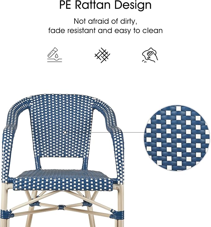 PURPLE LEAF Dining Chair Set of 2 Outdoor French Bistro Chairs Hand-Woven Aluminum Wicker Rattan Armchair for Garden Kitchen Backyard Porch White Print Finish Patio Chairs Deep Blue