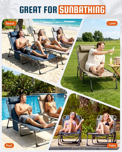 KingCamp Tanning Chair with Face Hole, Lounge Chairs Outdoor Folding Comfy Adjustable 5-Position Lay Flat Foldable Chaise Chaser Lounger for Outside Beach Patio Sun Bathing Pool, Beige