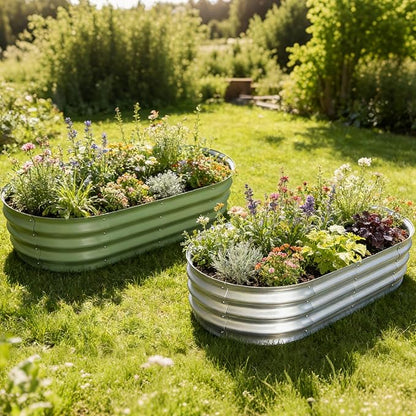 Galvanized Raised Garden Bed Kit, Planter Garden Boxes Outdoor, Oval Large Metal for Vegetables Fruits, Flowers Planter Boxes, Easy Assembly Garden Bed Kit (Silver, 4×2×1FT (2-Pack)