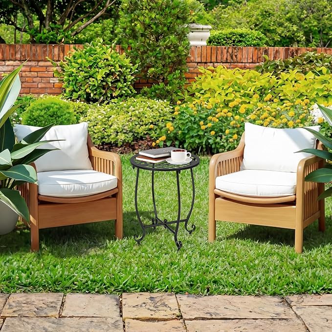 Thyle 2 Pcs Outdoor Side Table with Flower Cutout 13" Metal Small Round Weather Resistant Patio Side Tables for Outside, Balcony, Porch, Garden Bistro Indoor Outdoor Yard(Hollow Leaf)