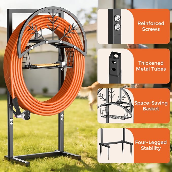 Heavy Duty Garden Hose Holder with Storage Basket, Holds Up to 160FT Hose, Freestanding Metal Water Hose Organizer with 4 Anchor Spikes, for Outdoor Yard Lawn Patio