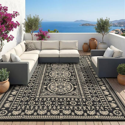 Garvee Reversible Outdoor Rug 6x9 for Patio, Waterproof Outdoor Area Rug, Modern Medallion Indoor Outdoor Rugs, Plastic Straw Rug for RV, Camping, Deck, Vintage Brown