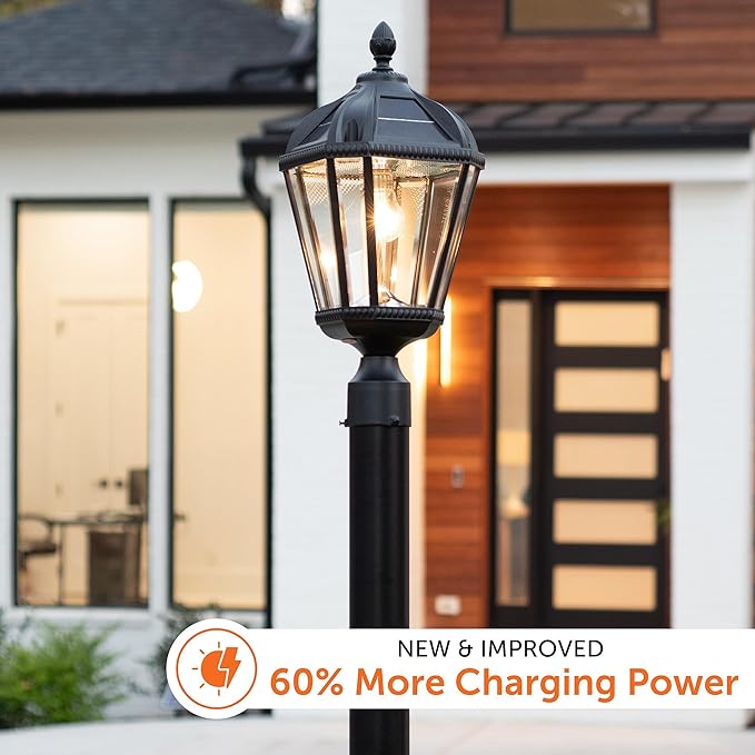 Gama Sonic Outdoor Solar Post Light, Black Aluminum, Royal Bulb, Rain Water Glass, Single Lamp with 3-inch Fitter for Lamp Posts Warm White LED, 98B012 (Upgraded Panel and Battery)