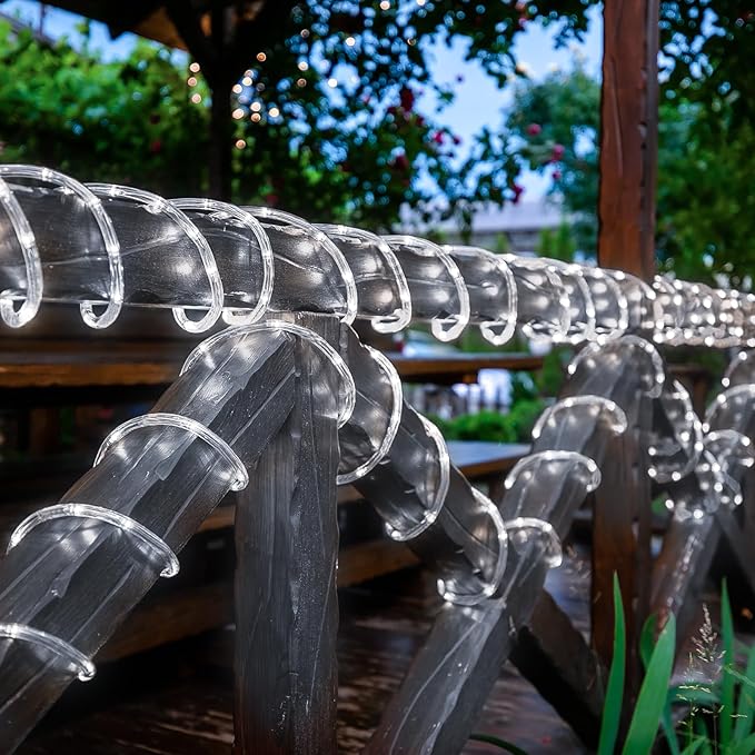 Solar Rope Lights, 2 Pack Total 66ft 200LED Solar String Lights, 8 Modes Waterproof Solar Powered Outdoor Light, Flexible Clear Tube Light for Garden Backyard Patio Deck Porch Pool Tree Decor - White