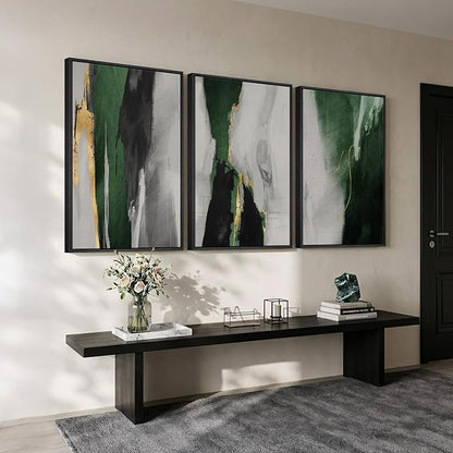 Large Framed Green Abstract Wall Art for Living Room, 3 Piece Modern Canvas Prints Paintings Artwork for Walls, Green Black Gold Abstract Pictures for Hallway Dining Bedroom Office Wall Decor 24x36 In