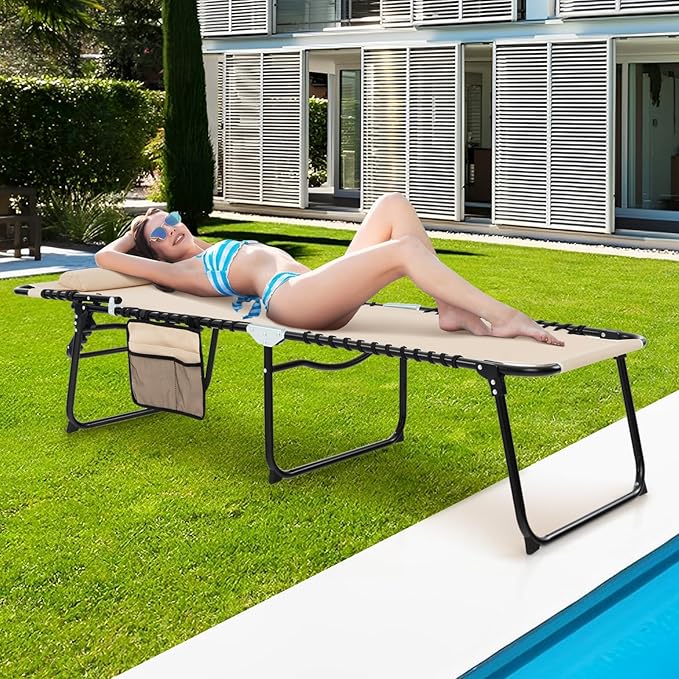 Giantex Patio Lounge Chairs for Outside - Set of 2 Folding Tanning Chair w/Headrest, 4 Adjustable Positions, Side Pocket, Outdoor Chaise Lounge for Camping, Pool, Sunbathing Beach Chair, Beige