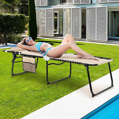 Giantex Patio Lounge Chairs for Outside - Set of 2 Folding Tanning Chair w/Headrest, 4 Adjustable Positions, Side Pocket, Outdoor Chaise Lounge for Camping, Pool, Sunbathing Beach Chair, Beige