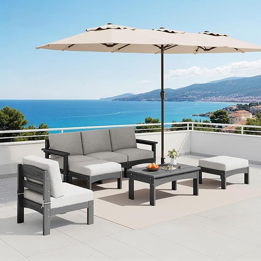 SERWALL 7-Piece Patio Sofa Set with 15FT Double Side Patio Umbrella, Outdoor Furniture Set, All-Weather HDPE Sectional Conversation Set, Large Modular Sofas for Garden, Grey Frame with Khaki Cushion