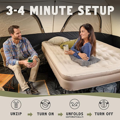 Queen Air Mattress with Frame, Self Inflating/Deflating Bed for Adults - PeakRest Blow Up Bed, Camping Cot with Mattress for Adults - Portable Queen with Travel Rolling Case on Wheels