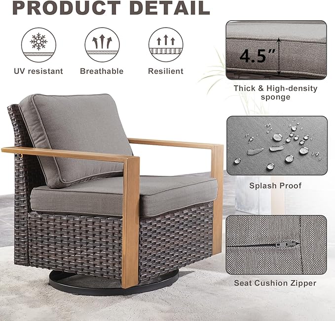Rilyson Outdoor Wicker Patio Furniture Set - 5 Piece Patio Conversation Set with 2 Wicker Swivel Rocker Chairs,2 Ottoman, 1 Side Table, Thick Cushions, Deep Seating, Wide Armrest(Brown/Grey)