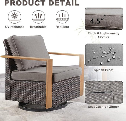 Rilyson Outdoor Wicker Patio Furniture Set - 5 Piece Patio Conversation Set with 2 Wicker Swivel Rocker Chairs,2 Ottoman, 1 Side Table, Thick Cushions, Deep Seating, Wide Armrest(Brown/Grey)