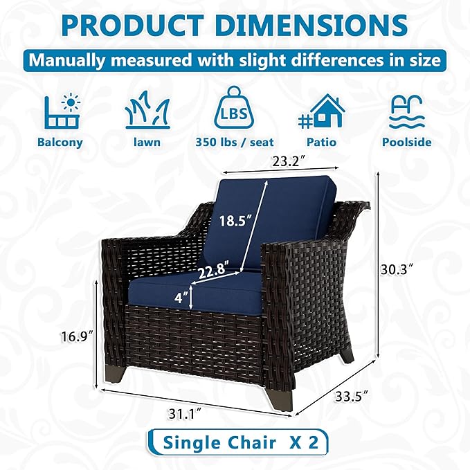 VistaVibe 2 Pieces Outdoor Armchairs, Patio Conversation Furniture Set, Washable Cushions, Luxurious Hand-Woven PE Rattan, Garden, Bistro, Deck, Backyard (Brown/Navy)