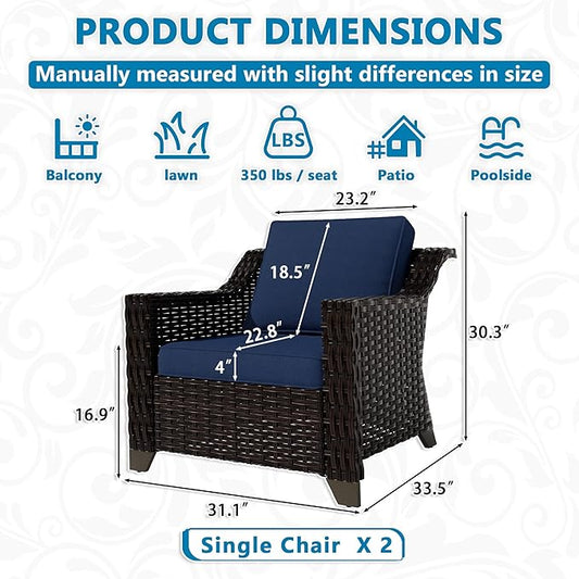 VistaVibe 2 Pieces Outdoor Armchairs, Patio Conversation Furniture Set, Washable Cushions, Luxurious Hand-Woven PE Rattan, Garden, Bistro, Deck, Backyard (Brown/Navy)