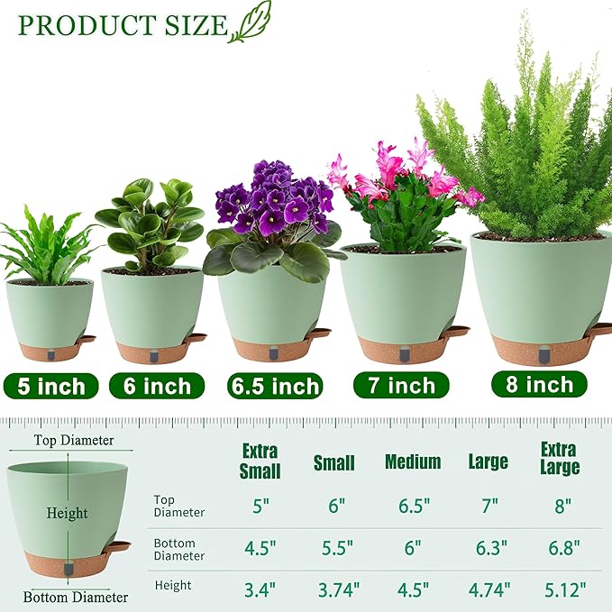 Self Watering Pots for Inoor Ourdoor Plants 8/7/6.5/6/5 Inch Plastic Planters with Drainage Holes & Water Level Indicator, Decorative House Flower Nursery Planting Pots with Saucers (Green)