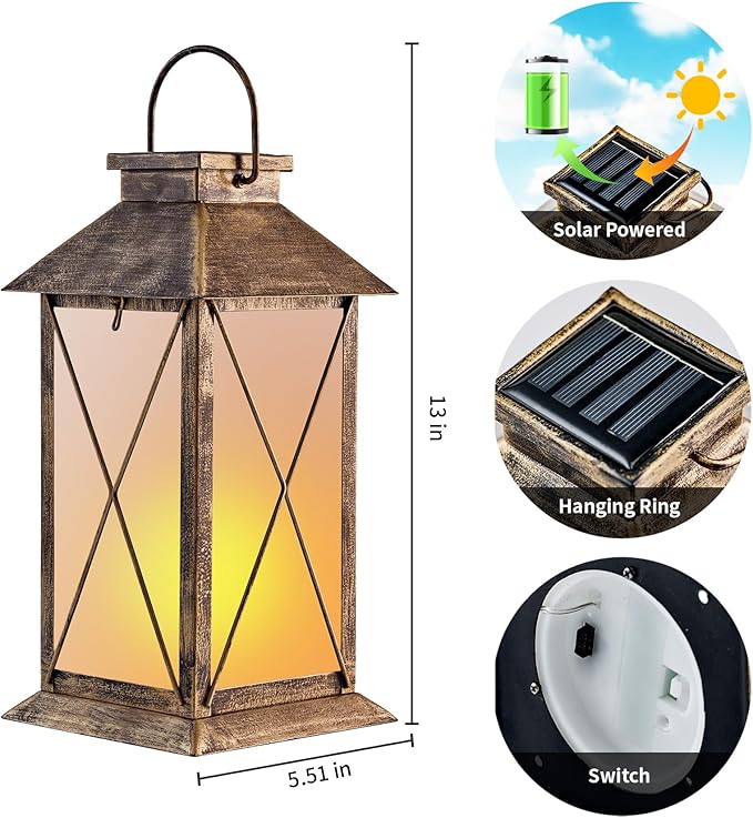 2 Pack Solar Lantern with Flickering Flame Candle, 13" Outdoor Waterproof Solar Lanterns Garden Decorative, Glass Hanging Lantern Metal for Outdoor Patio Yard Tabletop Decoration Mothers Day Gifts Mom