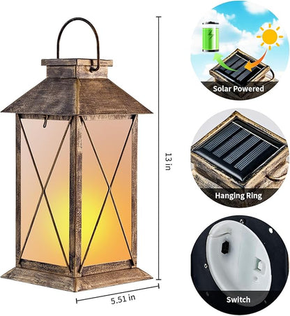 2 Pack Solar Lantern with Flickering Flame Candle, 13" Outdoor Waterproof Solar Lanterns Garden Decorative, Glass Hanging Lantern Metal for Outdoor Patio Yard Tabletop Decoration Mothers Day Gifts Mom