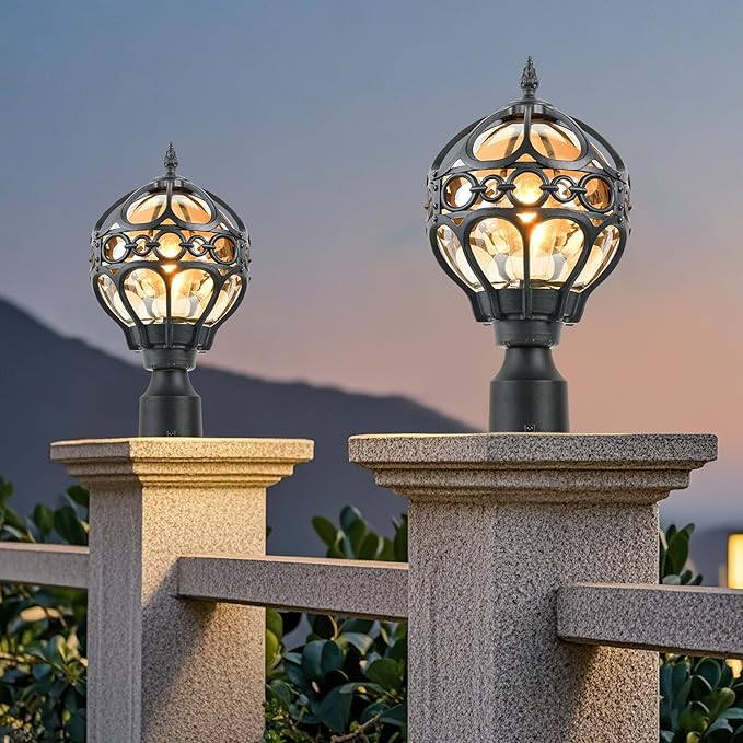 Soccer Ball Outdoor Post Light for Lawn Porch Yard Driveway, Black Globe Outside Pier Mount Post Light Fixtures, Waterproof Sphere Lamp Post Light, Exterior Pole Mount Light(Large,2 Pack)
