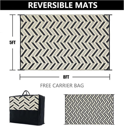 HUGEAR Outdoor Plastic Straw Rug, Waterproof Outdoor Rugs for Patios Clearance, Reversible Area Rug, Large Outside Carpet for Camping, Balcony, RV, Deck, Picnic, Beach (5x8ft Modern/Black&Brown)