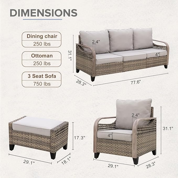 COOS BAY Modern Wicker Outdoor Furniture Set, Patio Conversation Set with Patio Chairs, 3 Seat Couch, and Ottomans, 5 Piece, Brown/Gray