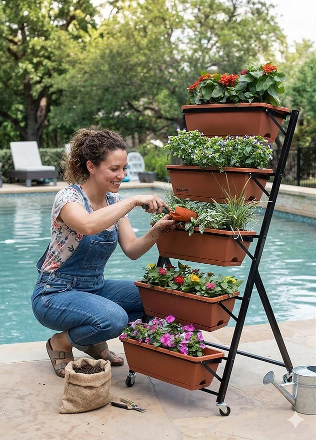 BIRDROCK HOME 5-Tier Vertical Garden Planter Bed - Raised Flower Stand - Rolling Plant Tower - Weather Resistant Box - Indoor or Outdoor - Herbs Flowers Berry’s Vegetables - Metal