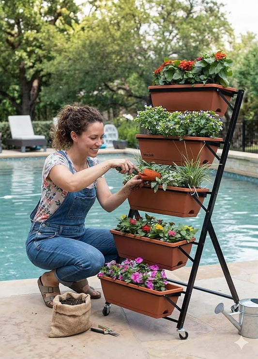 BIRDROCK HOME 5-Tier Vertical Garden Planter Bed - Raised Flower Stand - Rolling Plant Tower - Weather Resistant Box - Indoor or Outdoor - Herbs Flowers Berry’s Vegetables - Metal