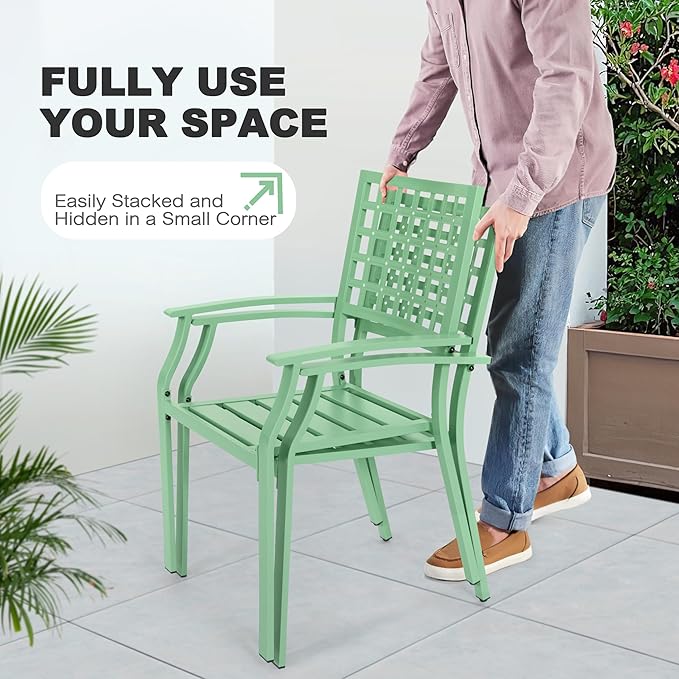 NUU GARDEN 3 Pieces Outdoor Bistro Set, All-Weather Patio Furniture with 2 Metal Stackable Chairs and Square Table, Waterproof Set for Balcony, Porch, Garden, Deck, Green