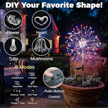 suddus 4th of July Decorations Solar Garden Lights, Upgrade 2Pack 150LED Red White Blue Solar Firework Lights with 8 Modes Outdoor, Starburst Fairy Lights Waterproof Yard for Independence Day Decor