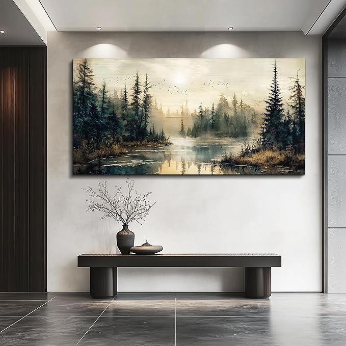 FUHAIHUA Large Wall Decor For Living Room Canvas Wall Art For Office Farmhouse Wall Decorations For Bedroom Forest River Landscape Paintings Modern Pictures Artwork Room Home Decor 24x48 In