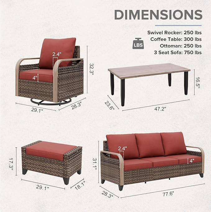 COOS BAY Modern Wicker Outdoor Furniture Set, Patio Conversation Set with Swivel Rockers, 3 Seat Couch, Ottomans, and Coffee Table, 6 Piece, Brown/Red