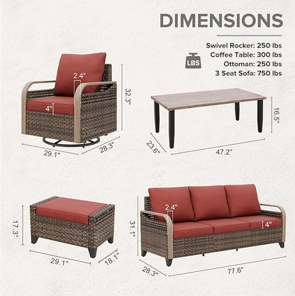 COOS BAY Modern Wicker Outdoor Furniture Set, Patio Conversation Set with Swivel Rockers, 3 Seat Couch, Ottomans, and Coffee Table, 6 Piece, Brown/Red