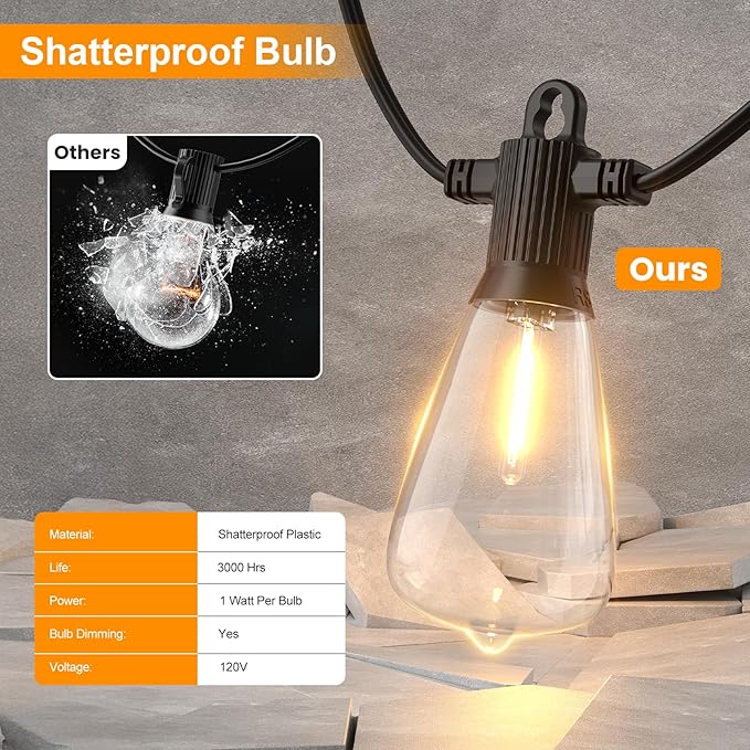 ZOTOYI Outdoor String Lights, 25FT Waterproof Patio Lights with 13 (1 Spare) LED ST38 Vintage Edison Shatterproof Bulbs Outside Hanging Light for Backyard, Cafe, Porch, Gazebo Dimmable 2700K