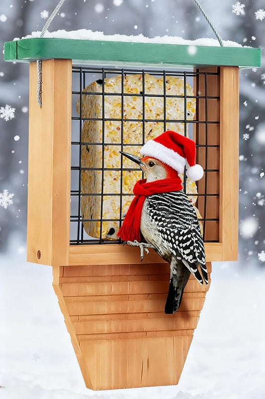 Wooden Suet Bird Feeder for Outside Hanging, Woodpecker Suet Feeder with Tail Prop, Hanging Bird Feeder for Wild Birds, 1 Pack, Green