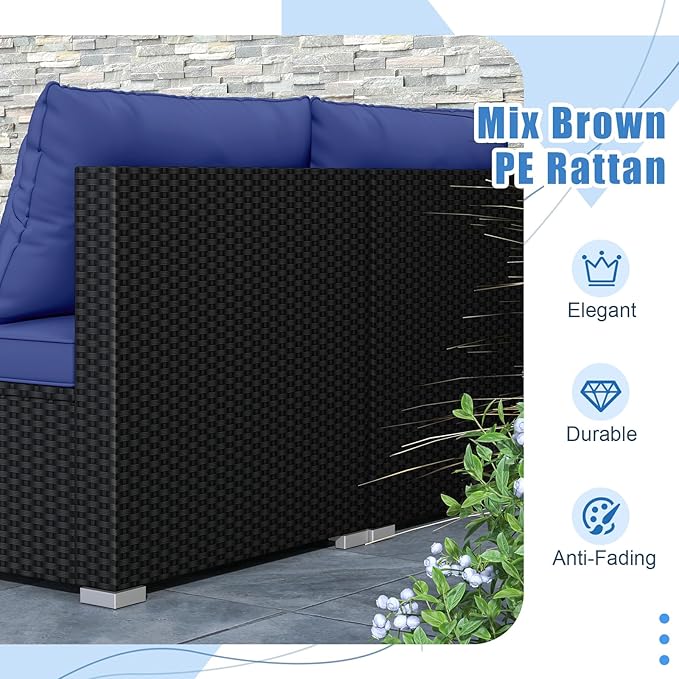 RELAX4LIFE 5-Piece Wicker Outdoor Furniture - PE Rattan Sectional Conversation Set w/4 Armless Sofas & Acacia Wood Coffee Table, Cushioned Patio Sofa Set for Garden Poolside Backyard Porch (Navy)