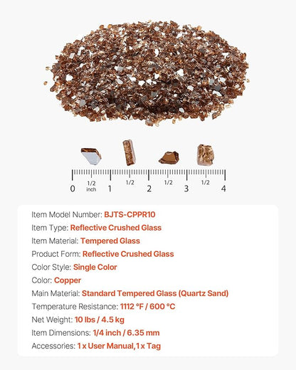 VEVOR Fire Glass, 10 LBS / 4.5 KG High-Temperature Resistant Fireplace Rocks, 1/4-Inch / 6.35 mm Reflective & Smokeless Firepit Glass Rock, High Luster Stone Landscaping for Fire Pit Table, Copper