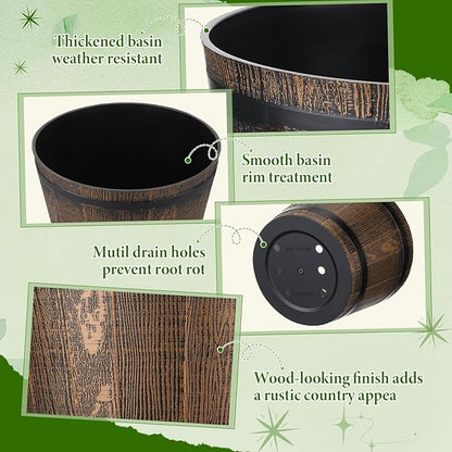 8 Pcs 9.17inch Plant Pots Whiskey Barrel Planter Flower Pot with Drainage Holes Plastic Decoration Large Flower Pots for Indoor Outdoor Plants Garden Home Plants for All Houseplants