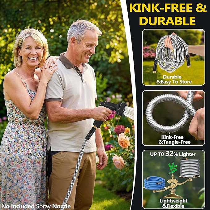 100 ft Stainless Steel Garden Hose - 2026 New Upgraded Metal Water hose - Flexible Water Hoses Pipes with Latex Core, 3/4" Solid Brass Connector - No-Expandable Watering Garden Hoses