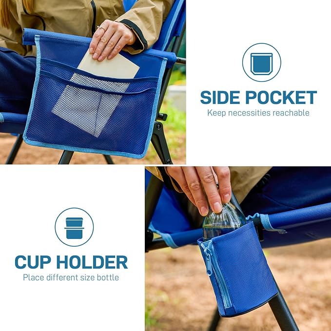 EVER ADVANCED Reclining Camping Chairs for Adult Lightweight, Folding Recliner Chair with Adjustable Back, 4-Level Lounge Chairs, Portable Lawn Chairs for Patio Balcony, Supports 350lbs Blue