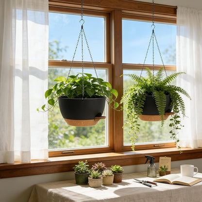 13 Inch 2 Pack Large Self Watering Hanging Planters for Indoor Outdoor Plants, Hanging Plant Pots with Removable 50 Oz Reservoir, Plastic Hanging Basket for Window Porch Garden, Black with Brown