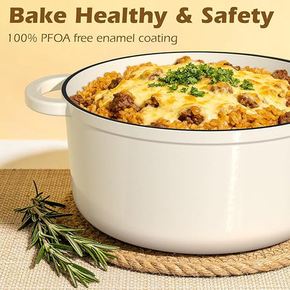 Umite Chef Enameled Cast Iron Dutch Oven-7QT Pot with Lid Cookbook & Cotton, Heavy-Duty Cookware for for Bread Baking, Braising, Stews, Marinate, Cook(Cream White)