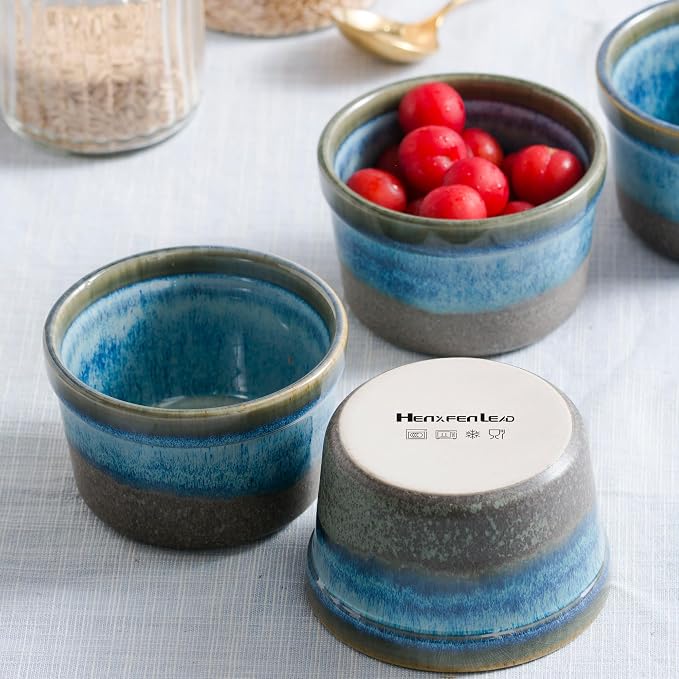 Ceramic Ramekins, 8 oz Creme Brulee Baking Cups, Set of 4, Light Blue | Reactive Glaze Finish, Oven Safe, Ideal for Souffle, Custard, Pudding, Dips, Ice Cream & Appetizers
