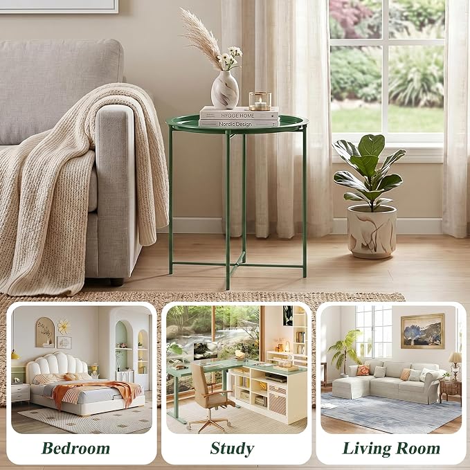 VECELO Side/End Table, Folding Round Metal Anti-Rust and Waterproof Outdoor or Indoor Tray for Living Room Bedroom Balcony and Office, 1 PCS, Dark Green