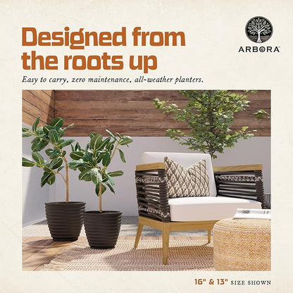 ARBORA 16" Ibiza Polyresin Indoor and Outdoor Planter with Classic Black Finish - Durable, Weatherproof, Lightweight, Large Plant Pot for Patio, Garden, Deck, Entryway - 2 Pack