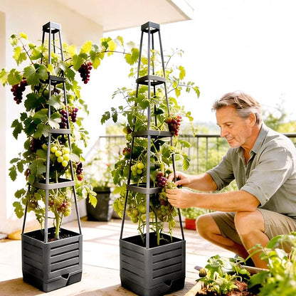 Tomato Planter with Trellis, 57 Inch Self-Watering Planter Box 2-Pack, Grey Planter with Metal Support for Outdoor Indoor Climbing Plants